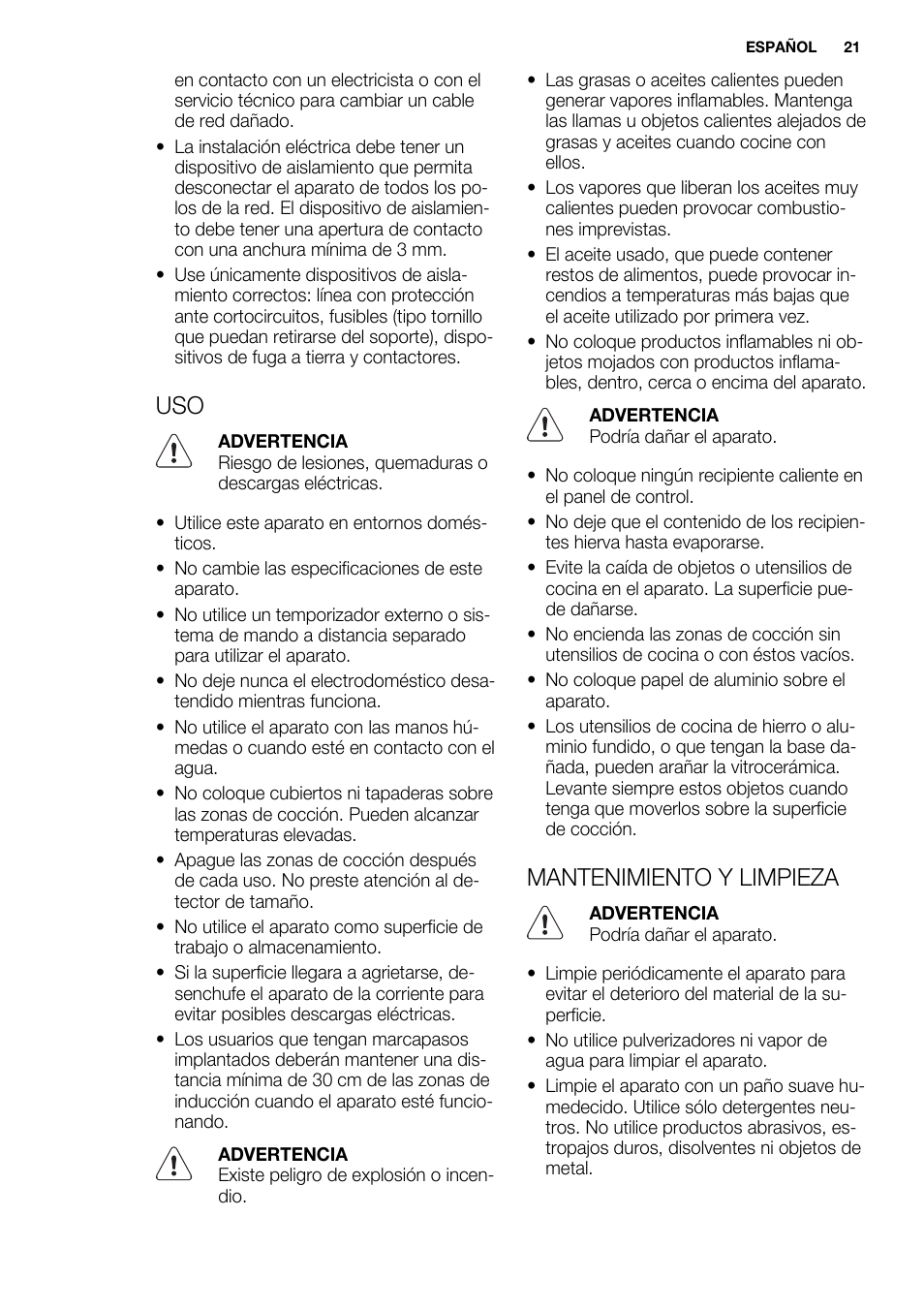 Mantenimiento y limpieza | Electrolux EHL7640FOK User Manual | Page 21 / 40