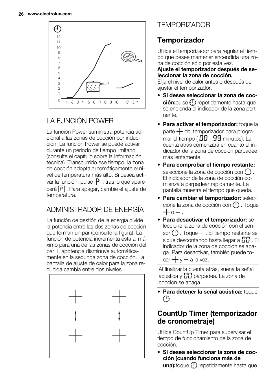 La función power, Administrador de energía, Temporizador temporizador | Countup timer (temporizador de cronometraje) | Electrolux EHL7640FOK User Manual | Page 26 / 40
