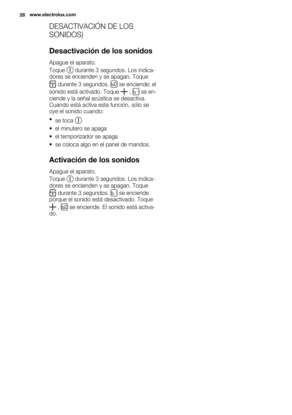 Activación de los sonidos | Electrolux EHL7640FOK User Manual | Page 28 / 40