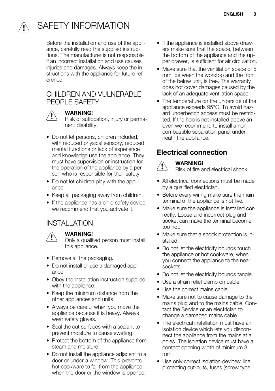 Safety information, Children and vulnerable people safety, Installation | Electrical connection | Electrolux EHL7640FOK User Manual | Page 3 / 40