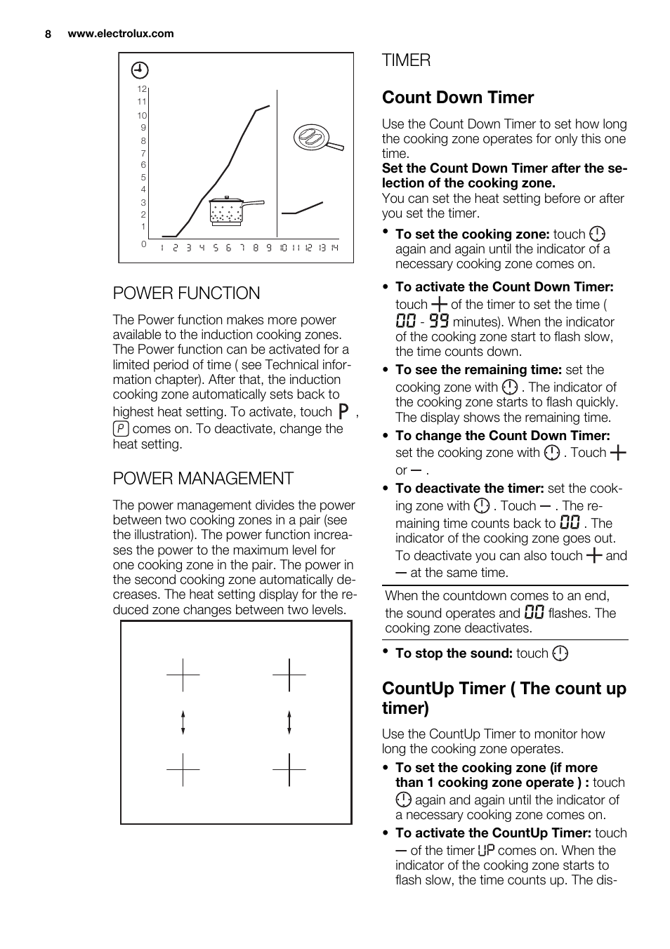 Power function, Power management, Timer count down timer | Countup timer ( the count up timer) | Electrolux EHL7640FOK User Manual | Page 8 / 40