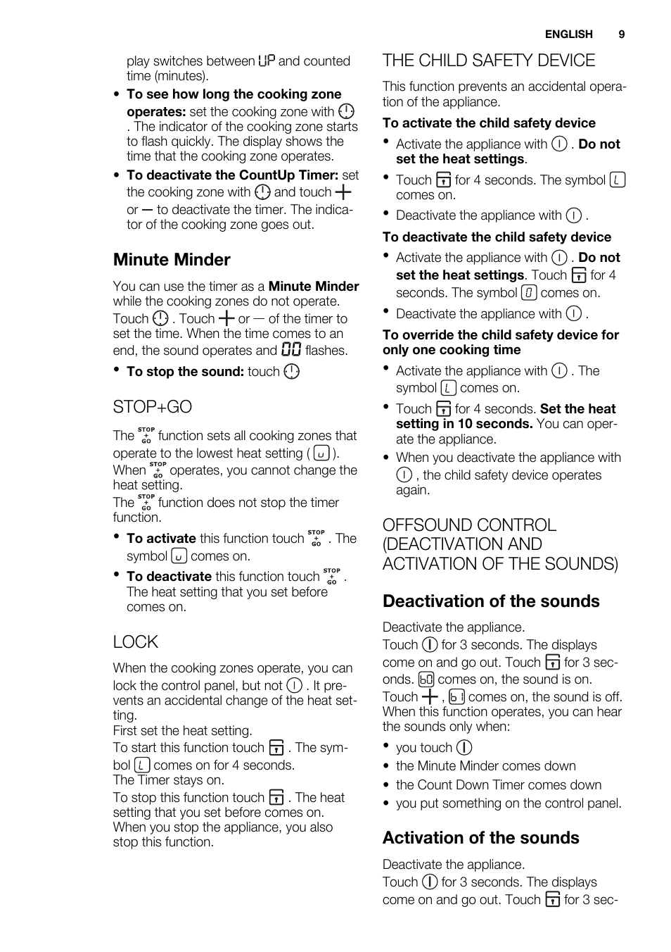 Minute minder, Stop+go, Lock | The child safety device, Activation of the sounds | Electrolux EHL7640FOK User Manual | Page 9 / 40