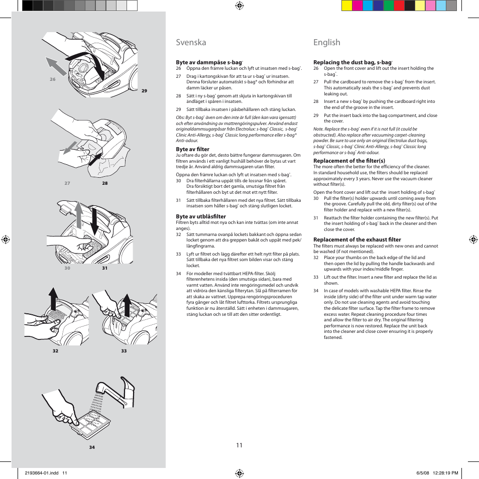 Svenska, English | Electrolux ZE310EB User Manual | Page 10 / 72