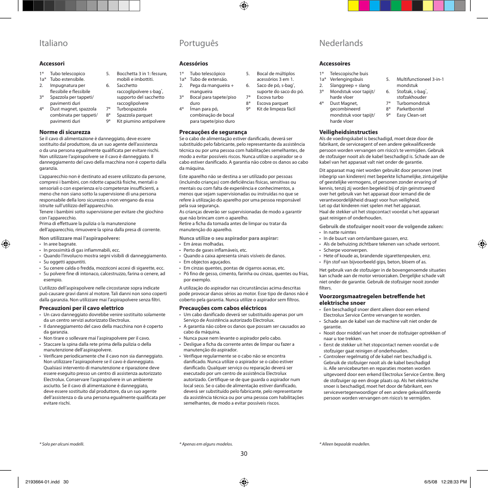 Italiano, Português, Nederlands | Electrolux ZE310EB User Manual | Page 29 / 72