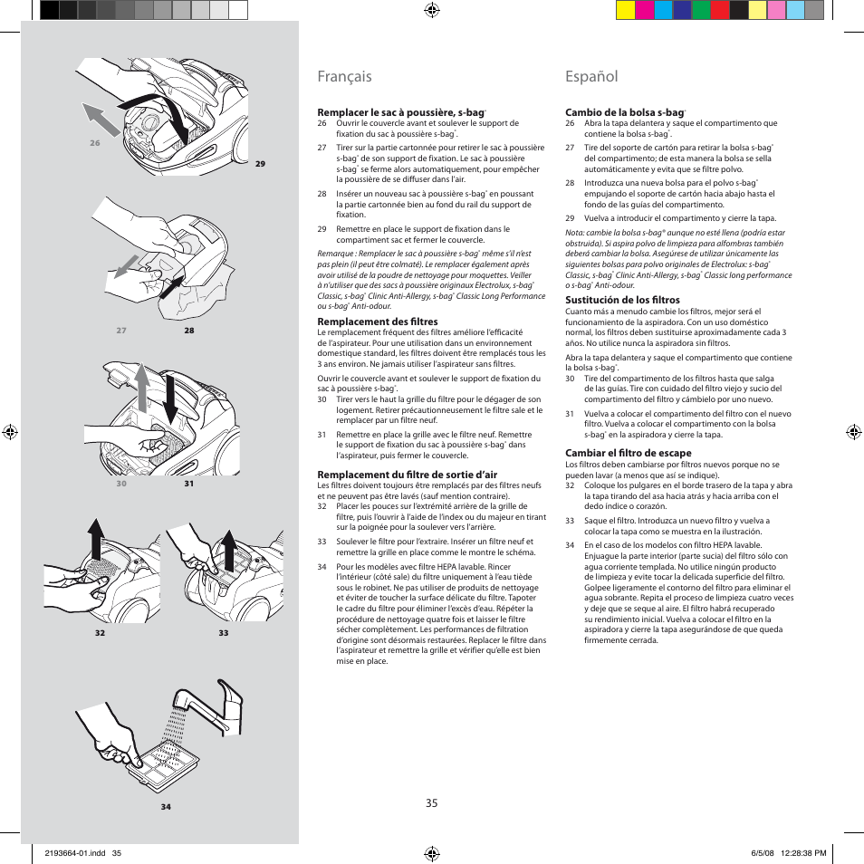 Français, Español | Electrolux ZE310EB User Manual | Page 34 / 72