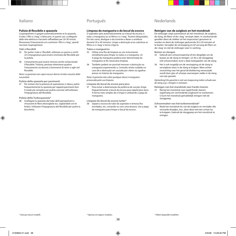 Italiano, Português, Nederlands | Electrolux ZE310EB User Manual | Page 37 / 72