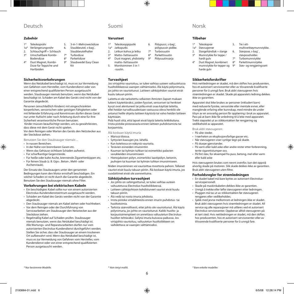 Deutsch, Suomi, Norsk | Electrolux ZE310EB User Manual | Page 5 / 72