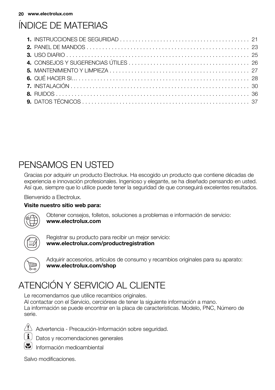 Índice de materias, Pensamos en usted, Atención y servicio al cliente | Electrolux EUN2243AOW User Manual | Page 20 / 40
