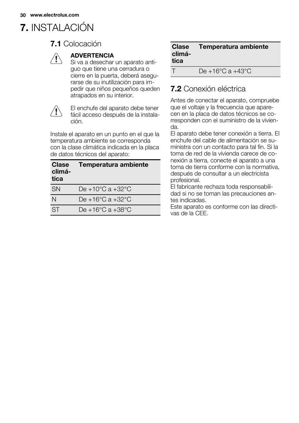 Instalación, 1 colocación, 2 conexión eléctrica | Electrolux EUN2243AOW User Manual | Page 30 / 40