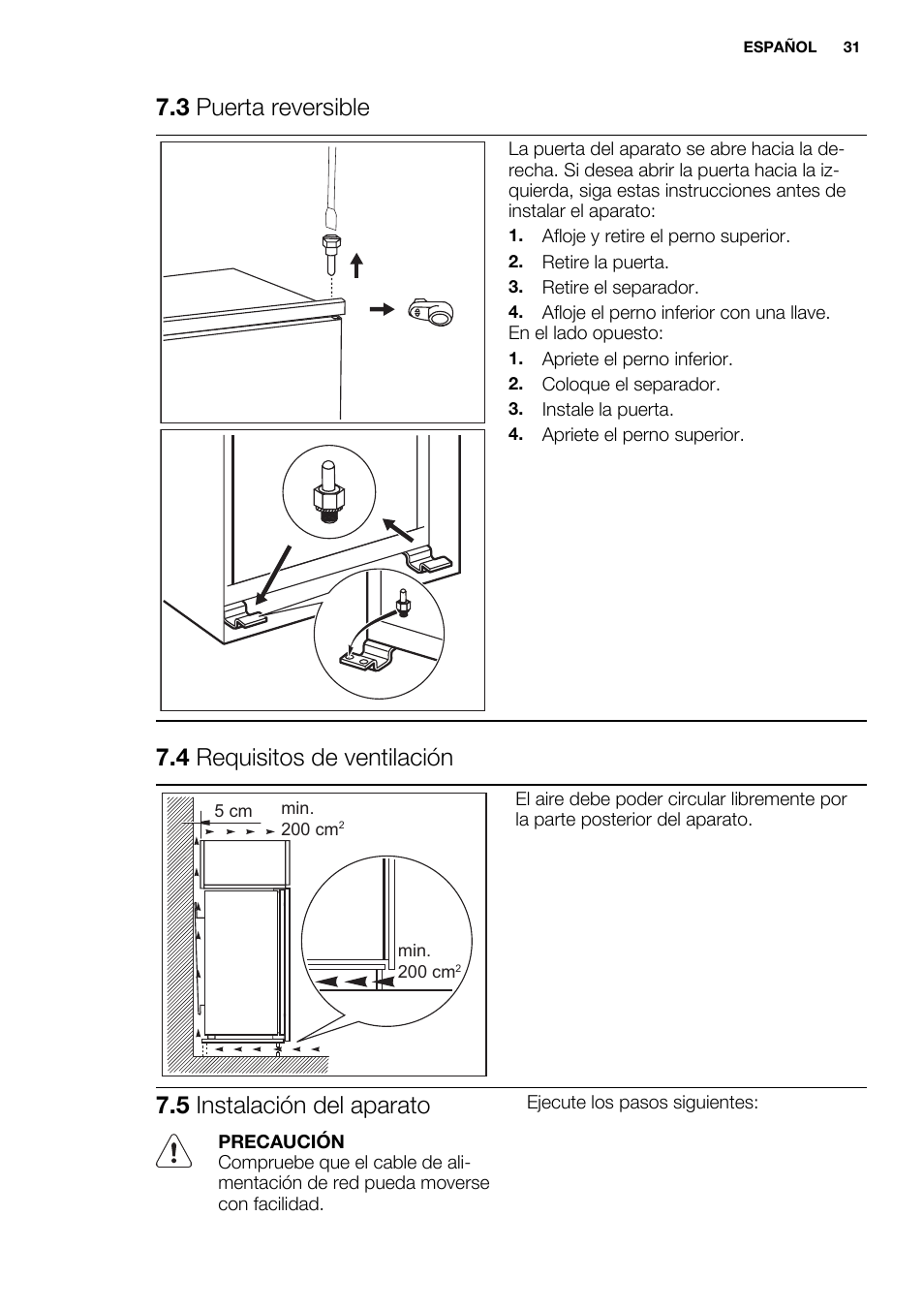 3 puerta reversible, 4 requisitos de ventilación, 5 instalación del aparato | Electrolux EUN2243AOW User Manual | Page 31 / 40