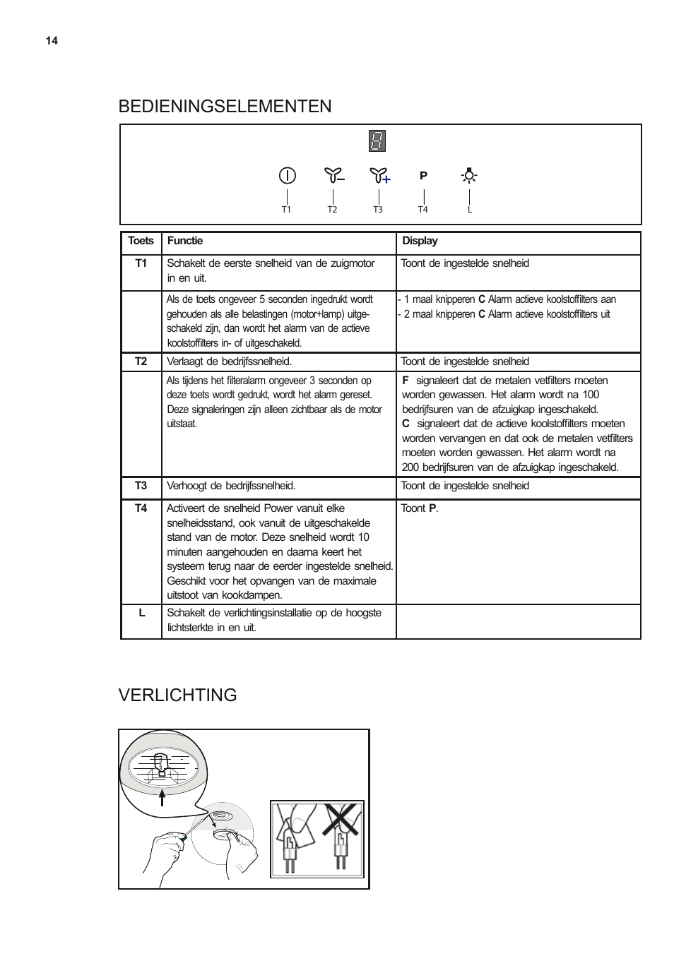 Bedieningselementen verlichting | Electrolux EFB90550DX User Manual | Page 14 / 56