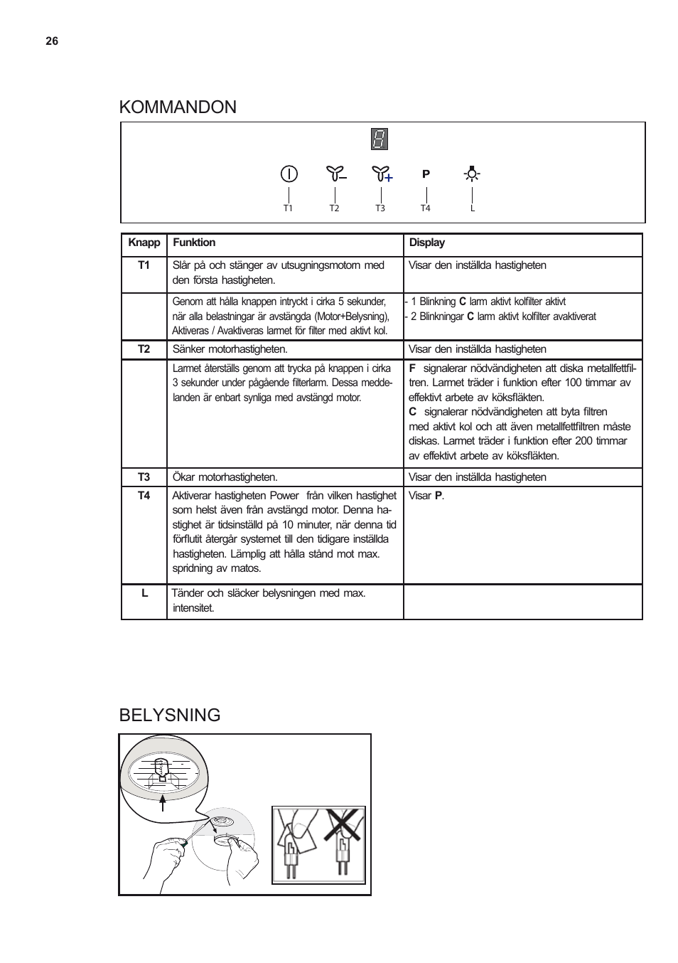 Kommandon belysning | Electrolux EFB90550DX User Manual | Page 26 / 56