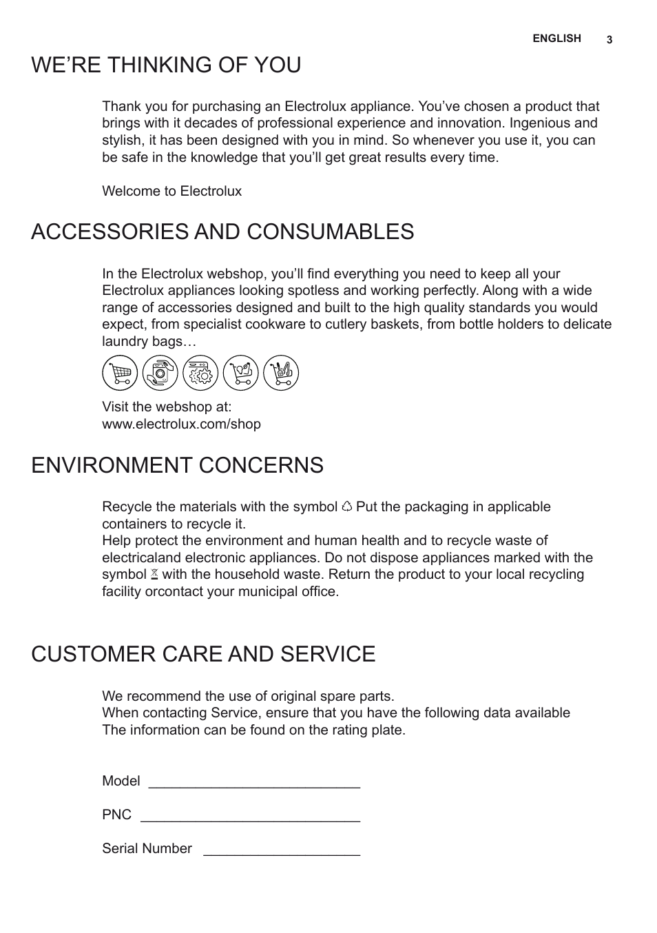 We’re thinking of you, Accessories and consumables, Environment concerns | Customer care and service | Electrolux EFB90550DX User Manual | Page 3 / 56