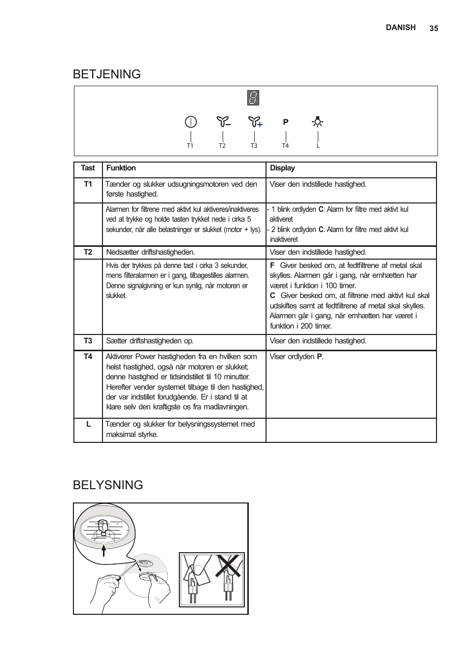 Betjening belysning | Electrolux EFB90550DX User Manual | Page 35 / 56