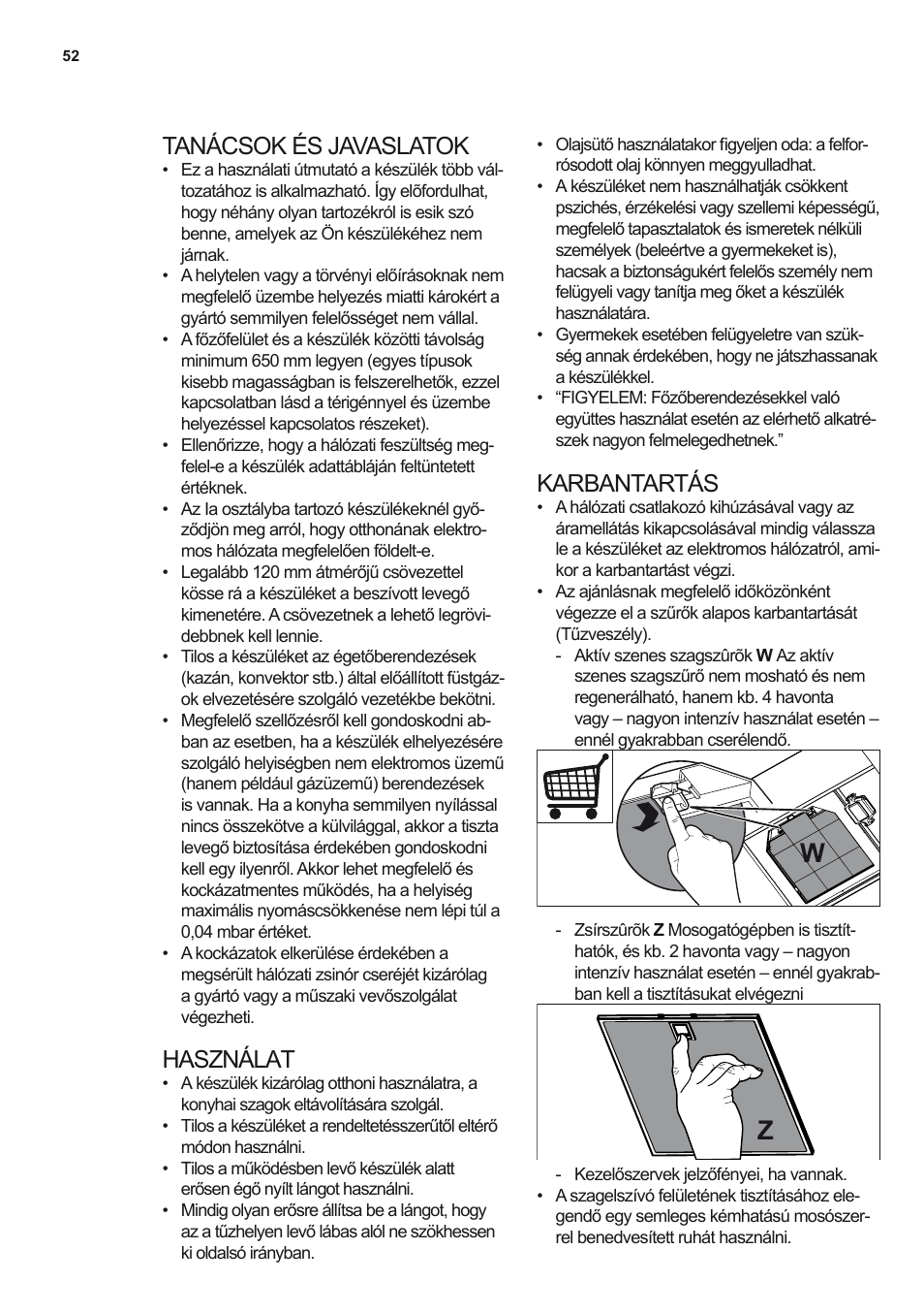 Tanácsok és javaslatok, Használat, Karbantartás | Electrolux EFB90550DX User Manual | Page 52 / 56