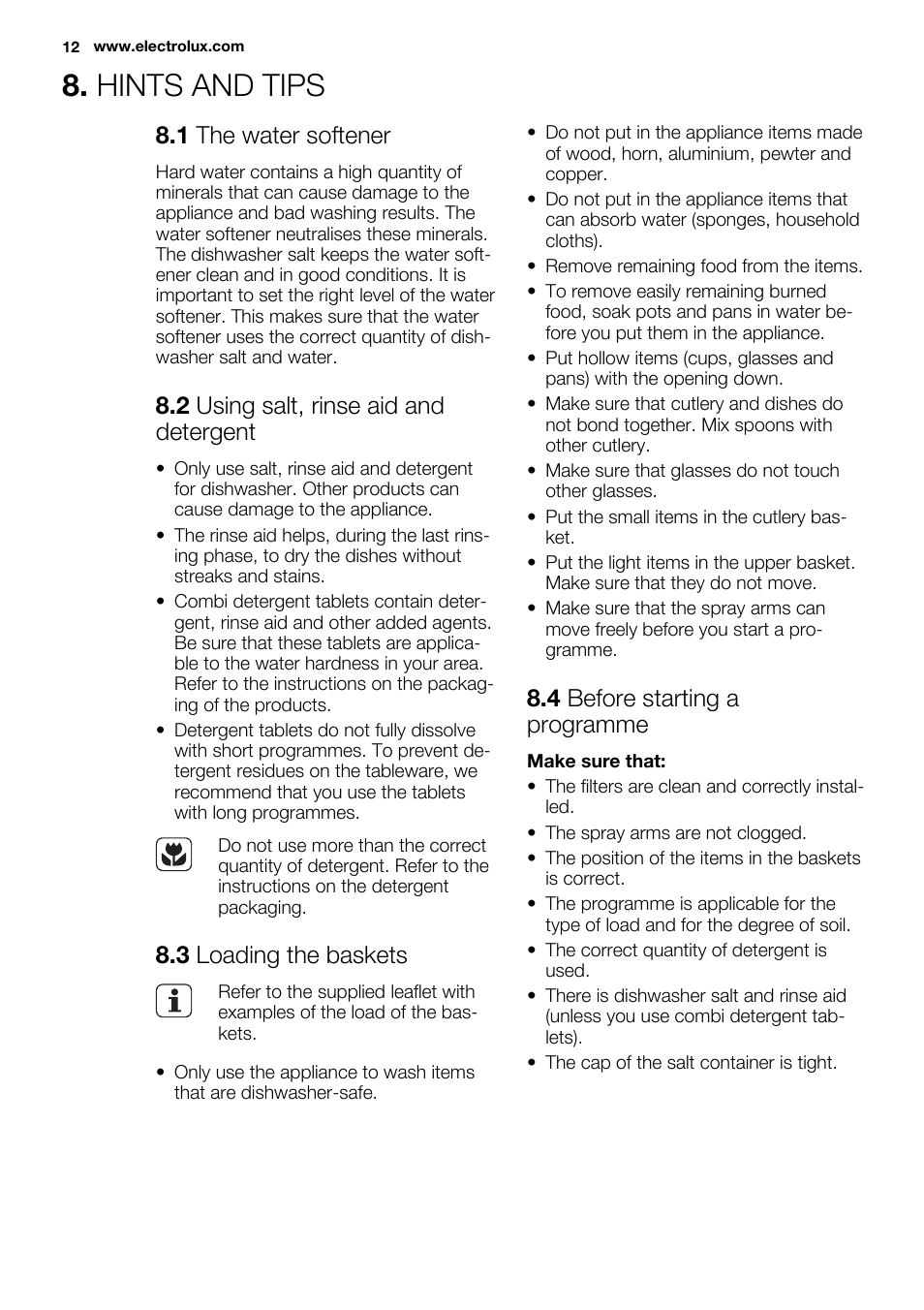 Hints and tips, 1 the water softener, 2 using salt, rinse aid and detergent | 3 loading the baskets, 4 before starting a programme | Electrolux ESL6201LO User Manual | Page 12 / 76