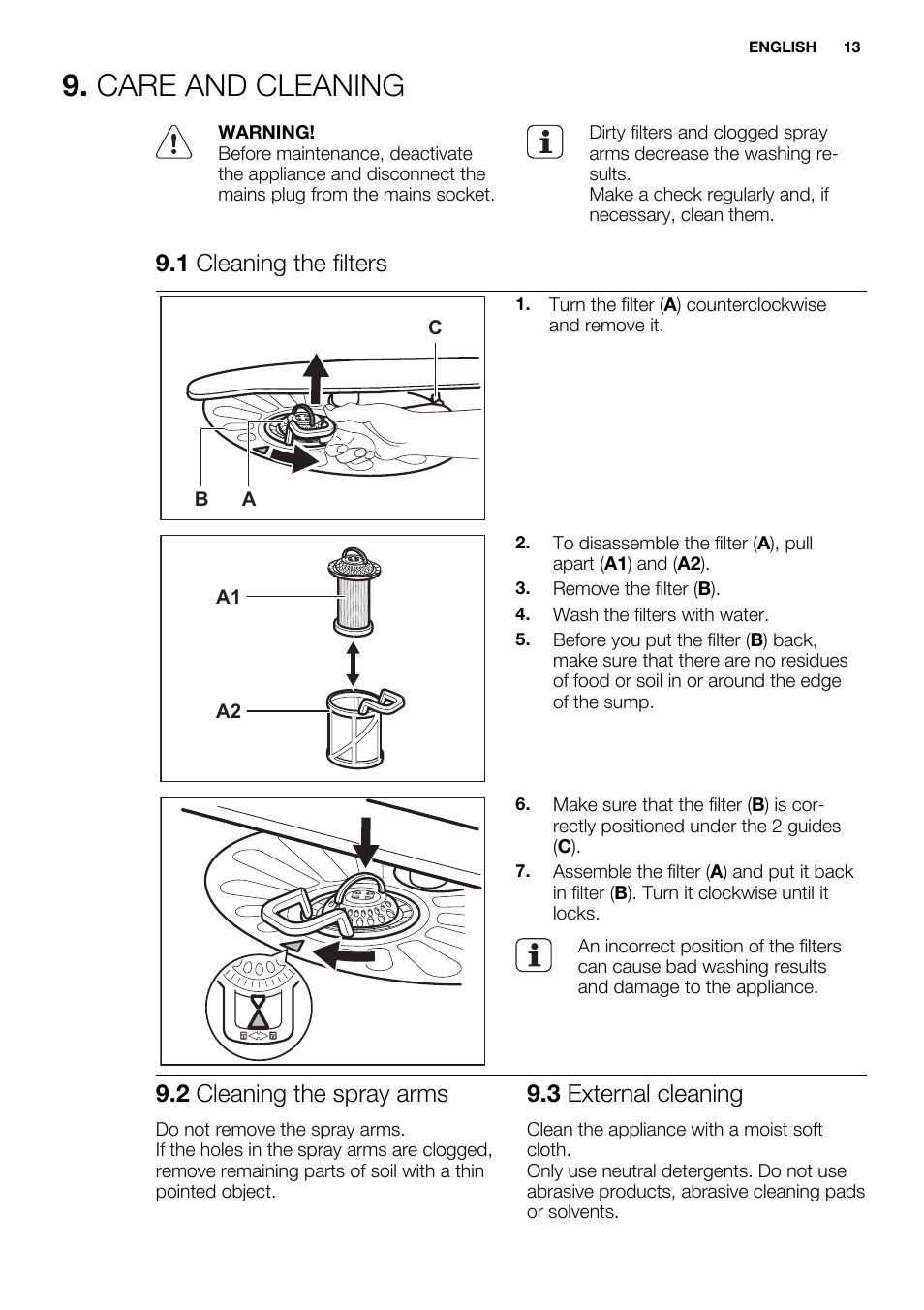 Care and cleaning, 1 cleaning the filters, 2 cleaning the spray arms | 3 external cleaning | Electrolux ESL6201LO User Manual | Page 13 / 76