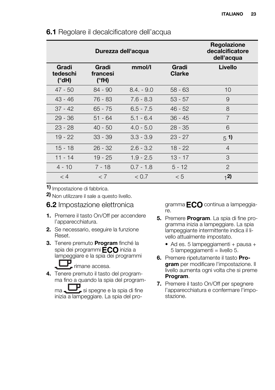 1 regolare il decalcificatore dell’acqua, 2 impostazione elettronica | Electrolux ESL6201LO User Manual | Page 23 / 76