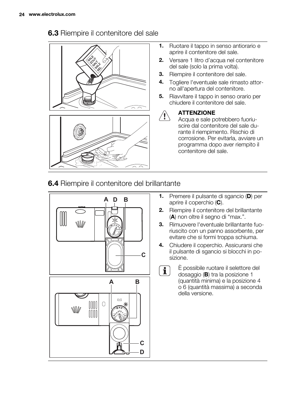 3 riempire il contenitore del sale, 4 riempire il contenitore del brillantante | Electrolux ESL6201LO User Manual | Page 24 / 76