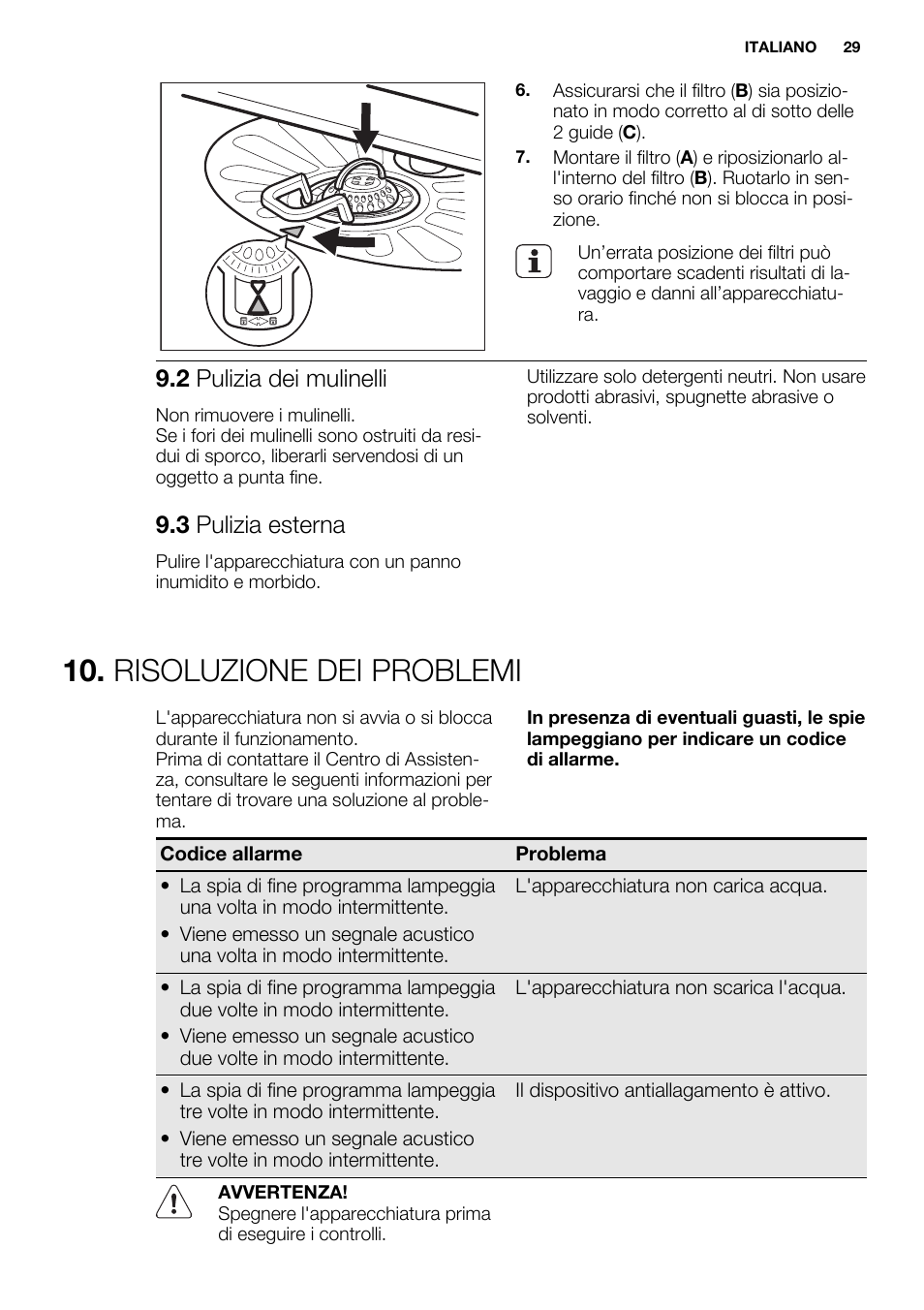 Risoluzione dei problemi, 2 pulizia dei mulinelli, 3 pulizia esterna | Electrolux ESL6201LO User Manual | Page 29 / 76