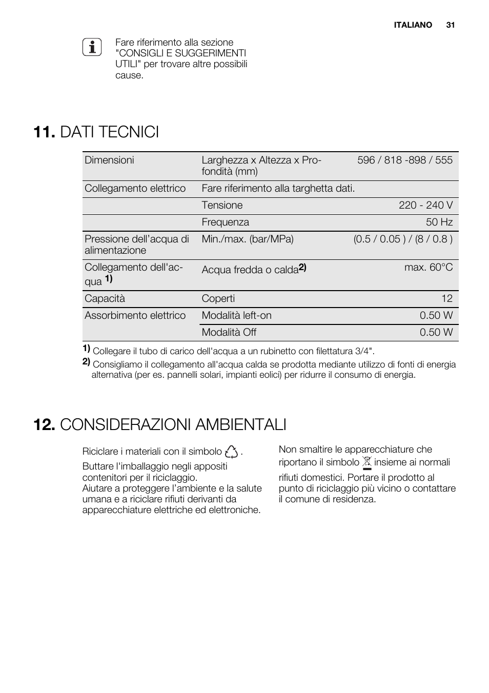 Dati tecnici, Considerazioni ambientali | Electrolux ESL6201LO User Manual | Page 31 / 76