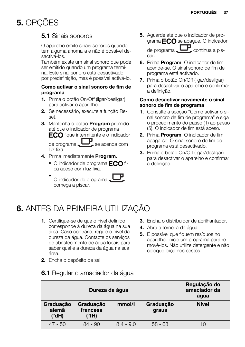 Opções, Antes da primeira utilização, 1 sinais sonoros | 1 regular o amaciador da água | Electrolux ESL6201LO User Manual | Page 37 / 76