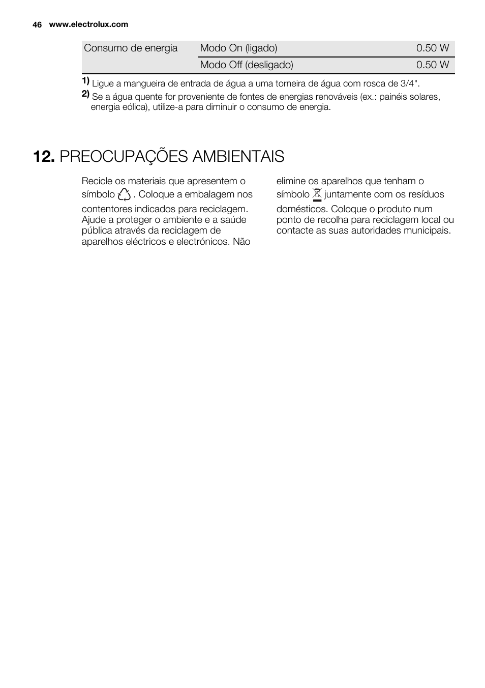 Preocupações ambientais | Electrolux ESL6201LO User Manual | Page 46 / 76