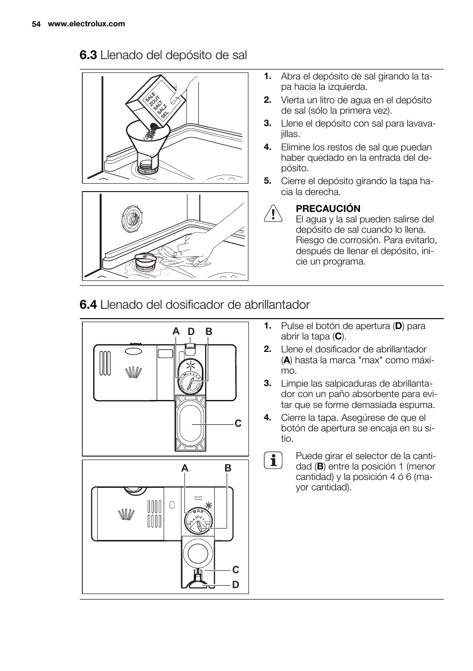 3 llenado del depósito de sal, 4 llenado del dosificador de abrillantador | Electrolux ESL6201LO User Manual | Page 54 / 76