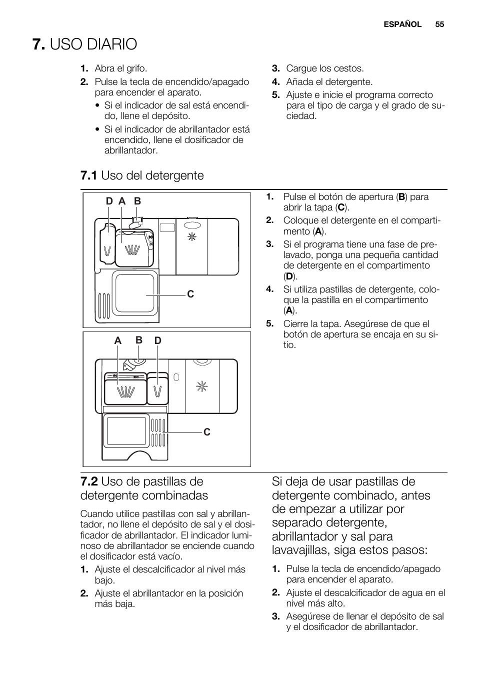 Uso diario, 1 uso del detergente, 2 uso de pastillas de detergente combinadas | A b d, Ad c | Electrolux ESL6201LO User Manual | Page 55 / 76