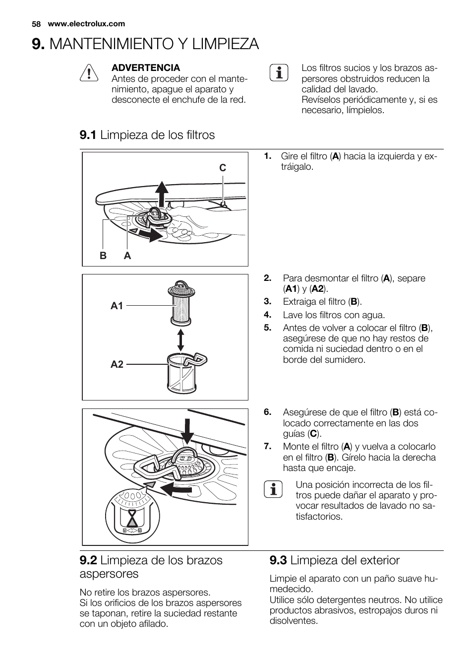 Mantenimiento y limpieza, 1 limpieza de los filtros, 2 limpieza de los brazos aspersores | 3 limpieza del exterior | Electrolux ESL6201LO User Manual | Page 58 / 76