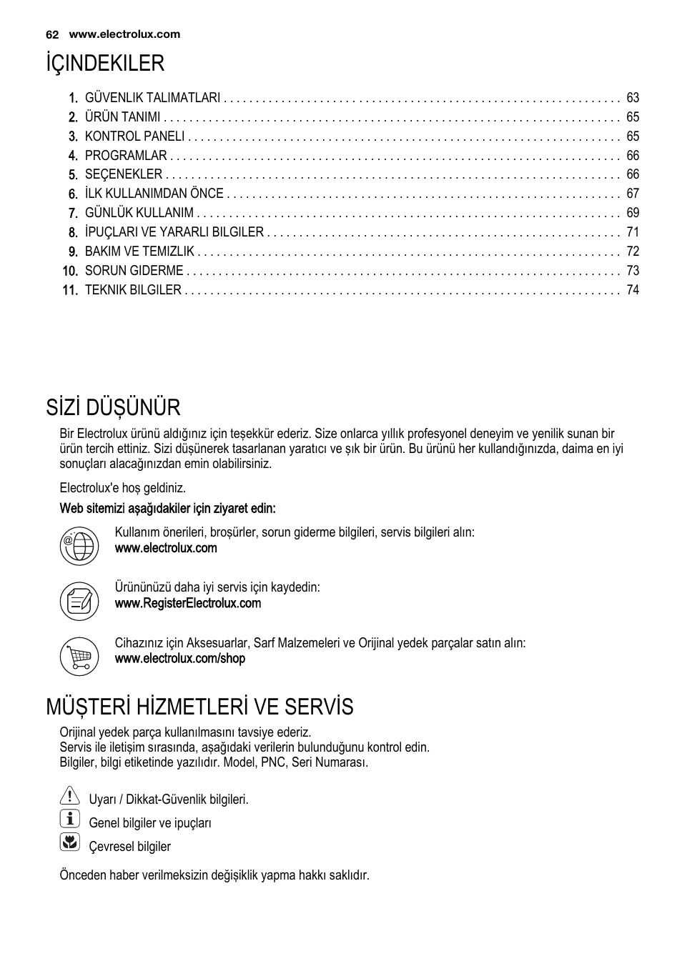 Içindekiler, Sizi düşünür, Müşteri hizmetleri ve servis | Electrolux ESL6201LO User Manual | Page 62 / 76