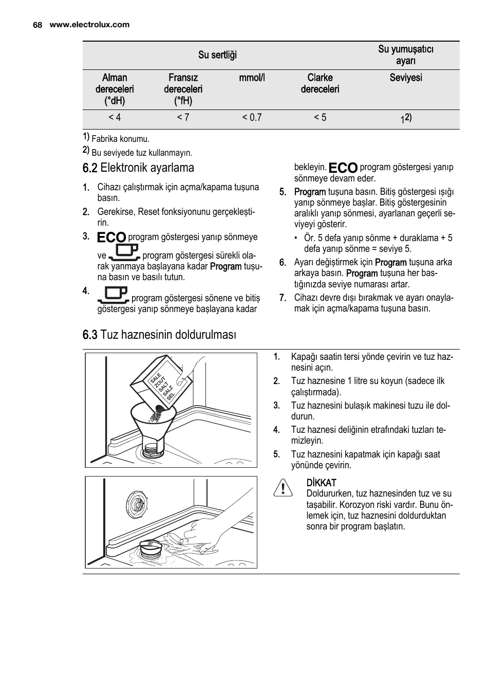 2 elektronik ayarlama, 3 tuz haznesinin doldurulması | Electrolux ESL6201LO User Manual | Page 68 / 76