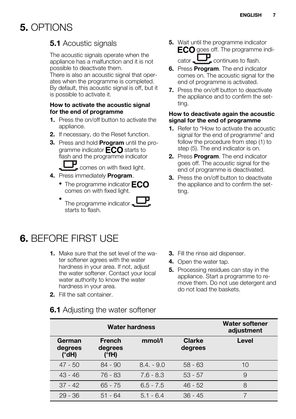 Options, Before first use, 1 acoustic signals | 1 adjusting the water softener | Electrolux ESL6201LO User Manual | Page 7 / 76