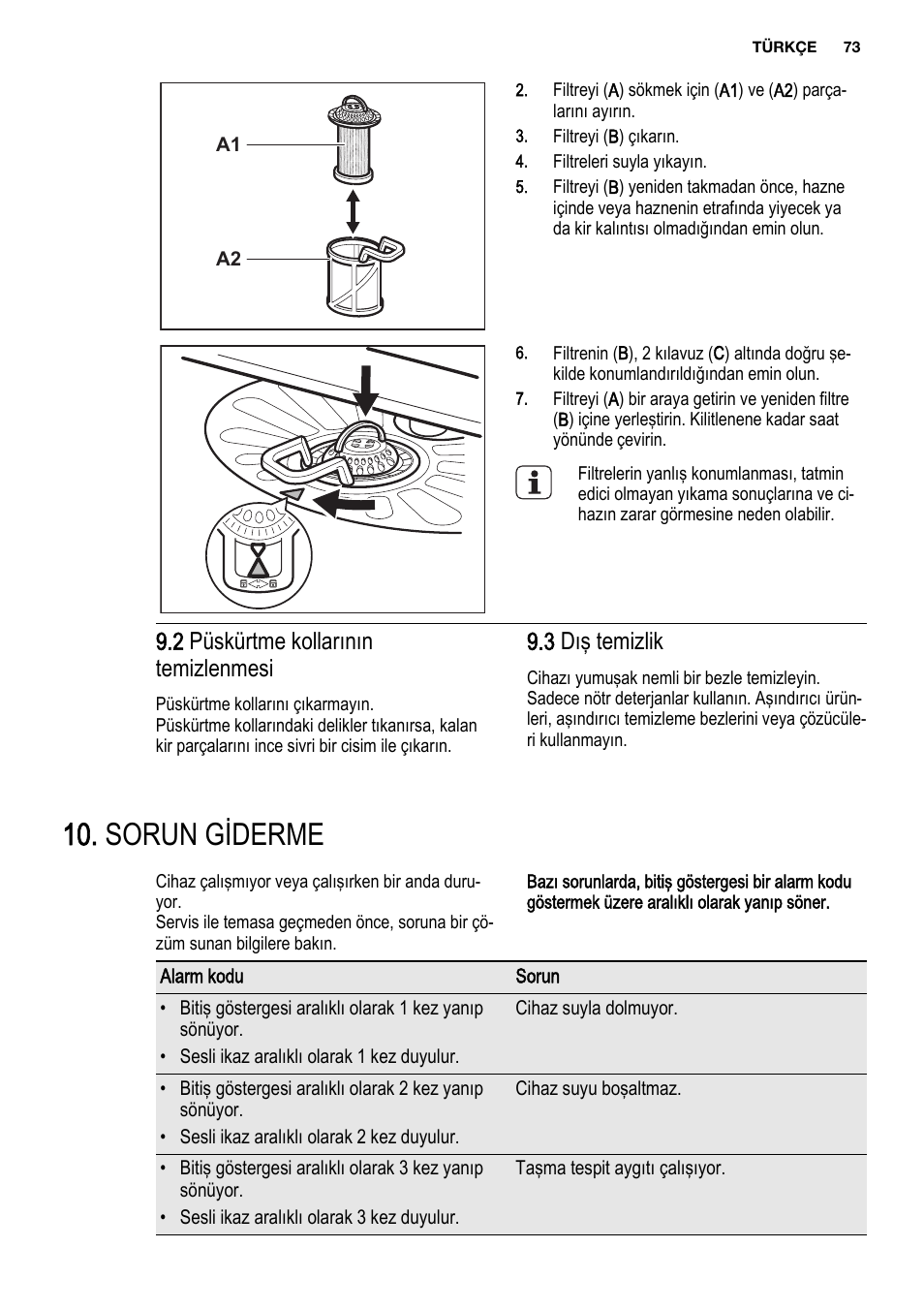 Sorun giderme, 2 püskürtme kollarının temizlenmesi, 3 dış temizlik | Electrolux ESL6201LO User Manual | Page 73 / 76