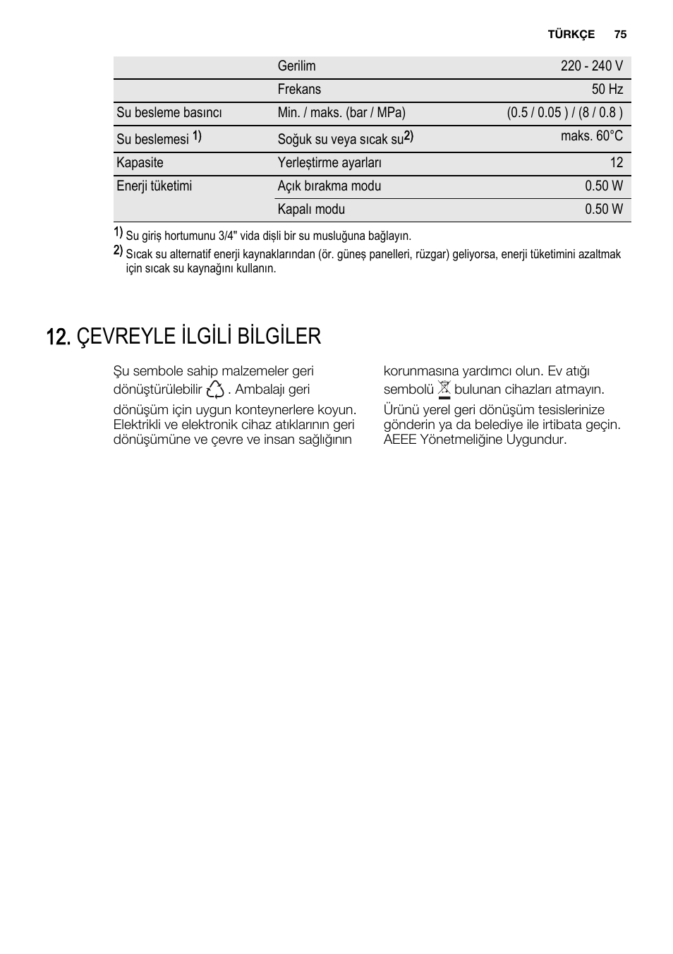 Çevreyle ilgili bilgiler | Electrolux ESL6201LO User Manual | Page 75 / 76