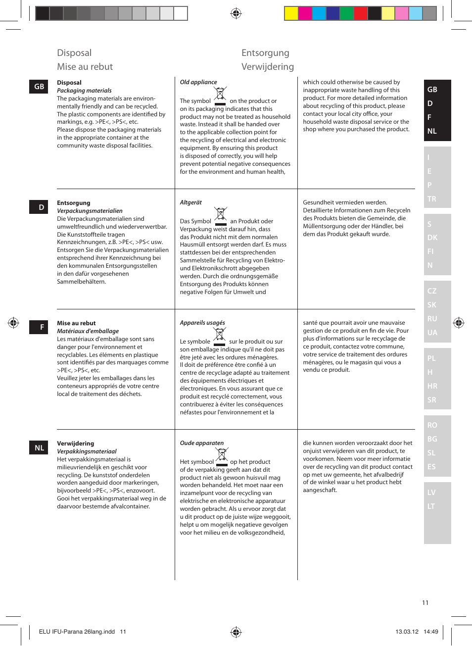 Disposal, Entsorgung, Mise au rebut | Verwijdering | Electrolux EDB5110MO User Manual | Page 11 / 84