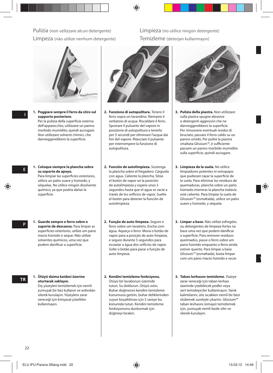 Pulizia, Limpieza, Limpeza | Temizleme | Electrolux EDB5110MO User Manual | Page 22 / 84