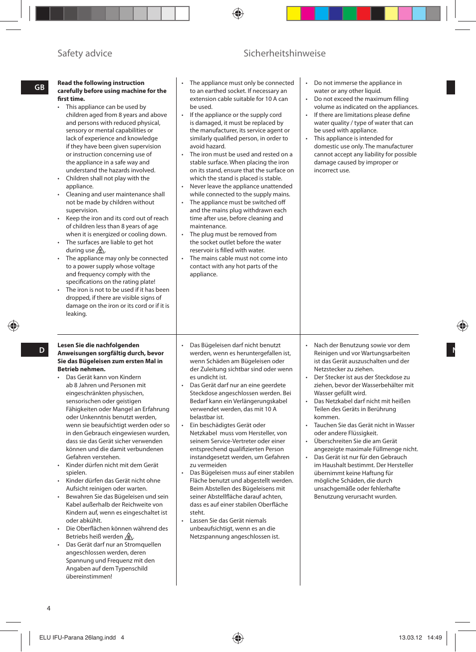 Safety advice, Sicherheitshinweise | Electrolux EDB5110MO User Manual | Page 4 / 84