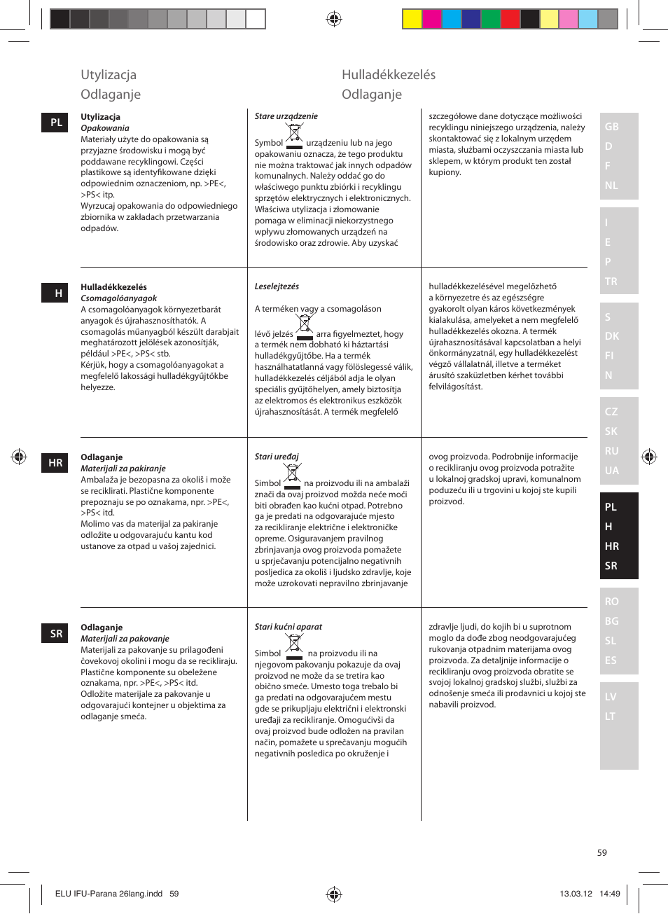 Utylizacja, Hulladékkezelés, Odlaganje | Electrolux EDB5110MO User Manual | Page 59 / 84