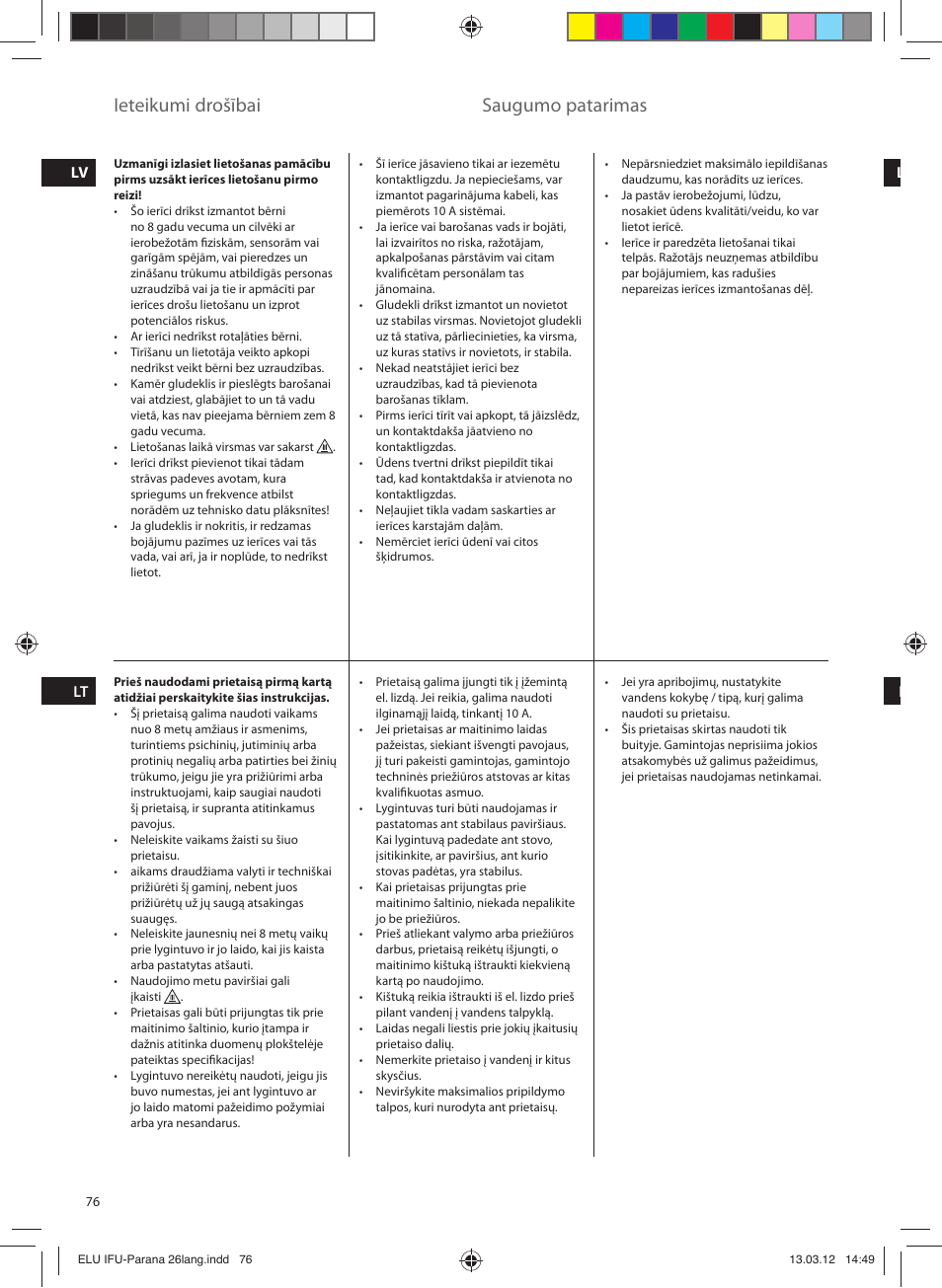 Ieteikumi drošībai, Saugumo patarimas | Electrolux EDB5110MO User Manual | Page 76 / 84
