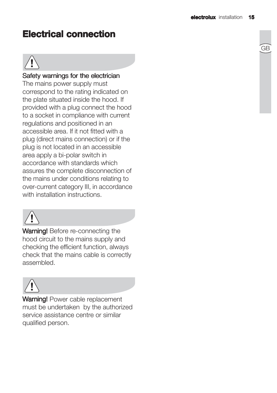 Electrical connection | Electrolux EFC90244X User Manual | Page 15 / 56