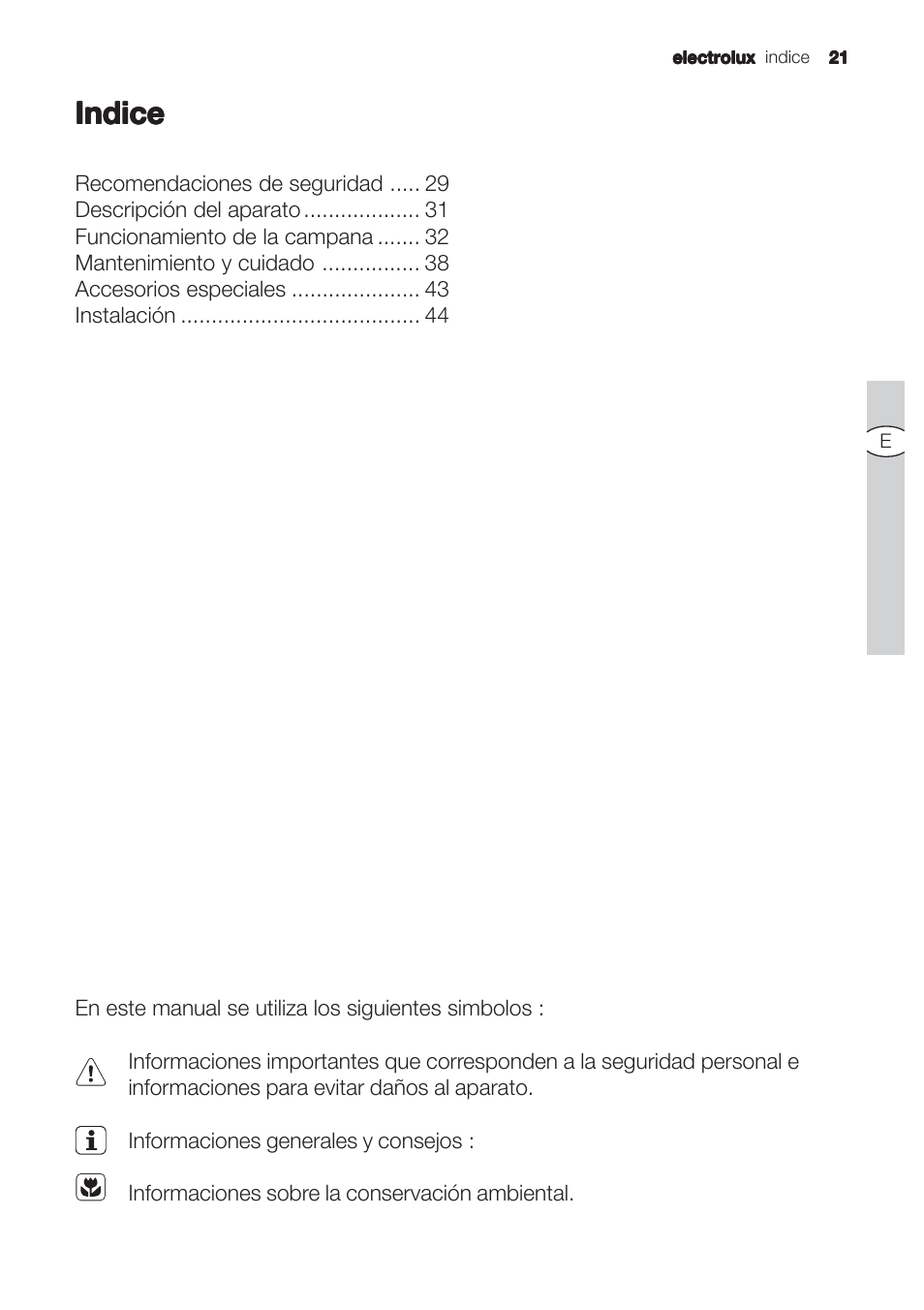 Indice | Electrolux EFC90244X User Manual | Page 21 / 56