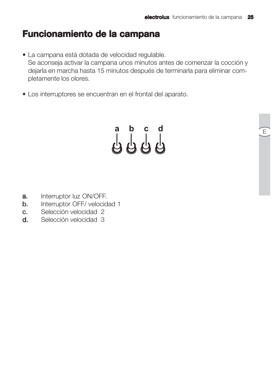 Funcionamiento de la campana, C d b a | Electrolux EFC90244X User Manual | Page 25 / 56