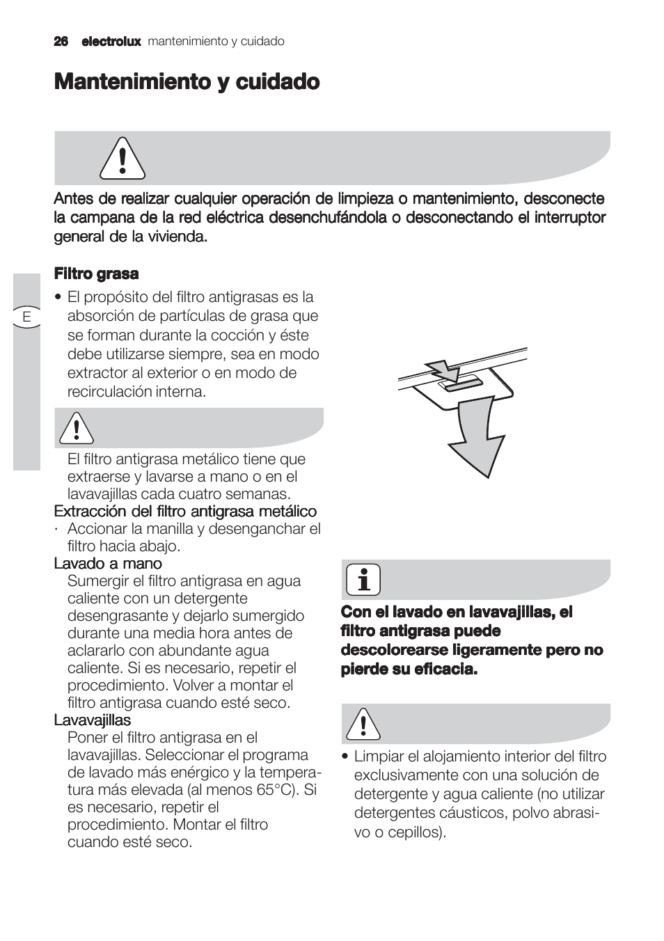 Mantenimiento y cuidado | Electrolux EFC90244X User Manual | Page 26 / 56