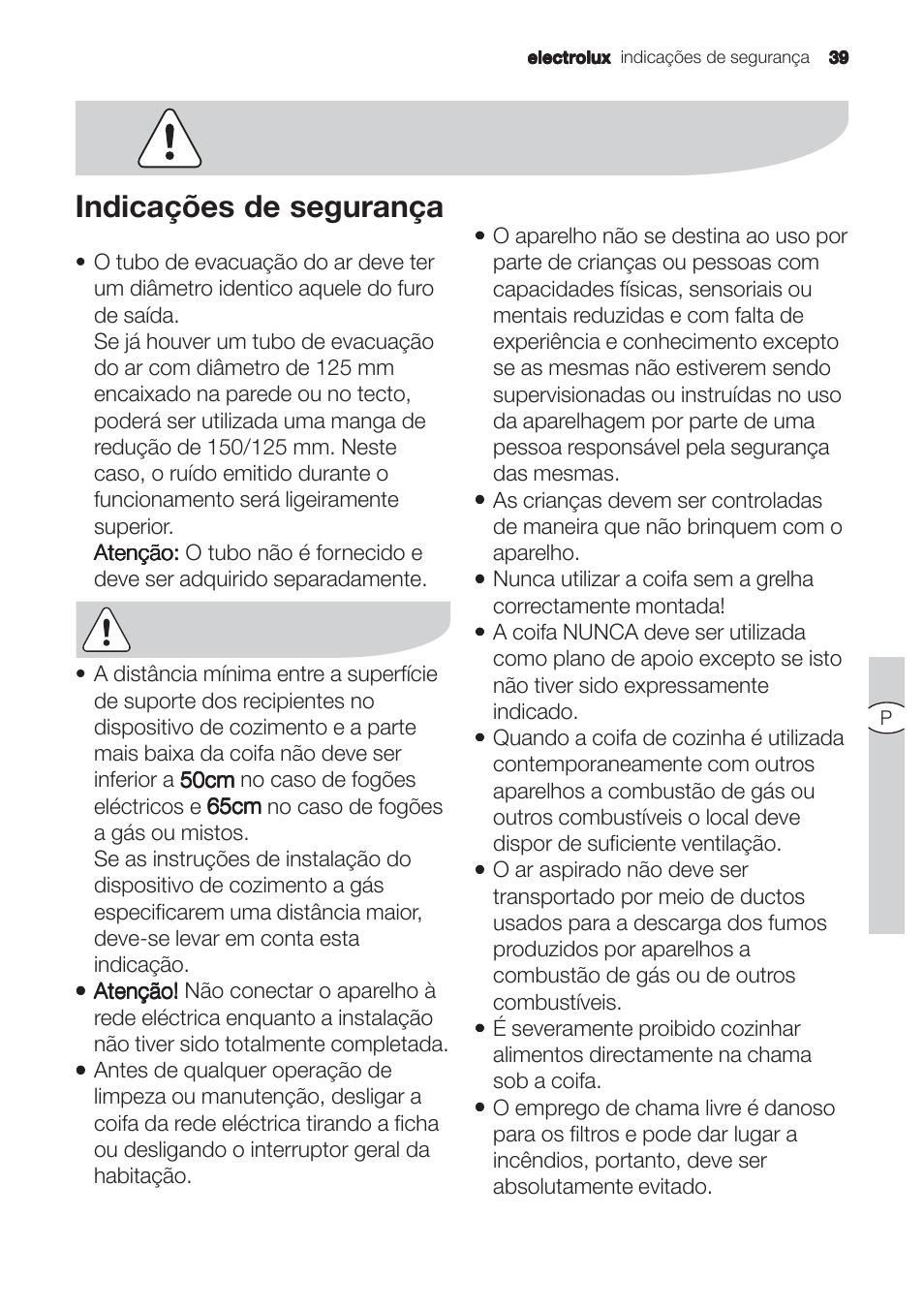 Indicações de segurança | Electrolux EFC90244X User Manual | Page 39 / 56