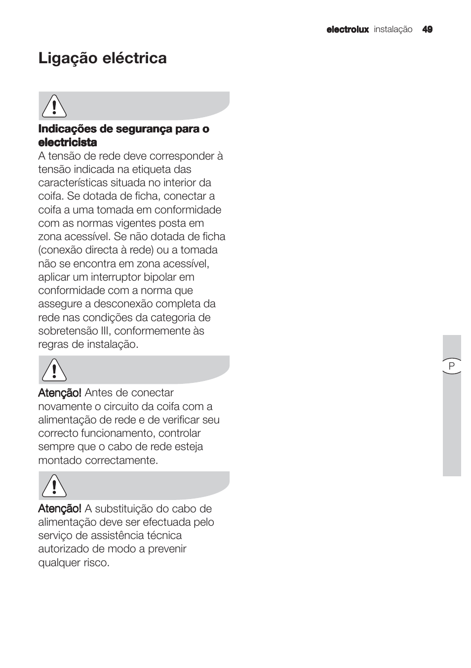 Ligação eléctrica | Electrolux EFC90244X User Manual | Page 49 / 56