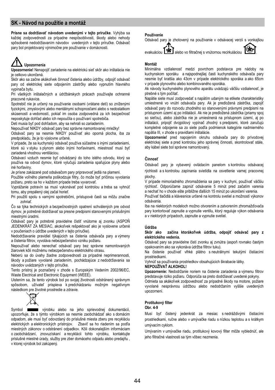 Sk - návod na použitie a montáž | Electrolux EFP60426X User Manual | Page 44 / 68