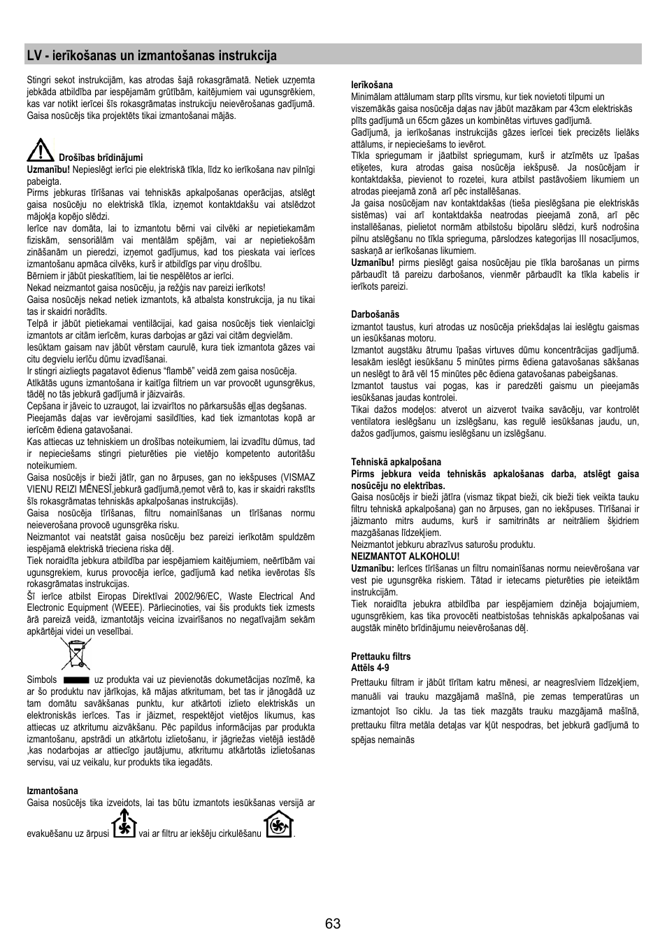 Lv - ierīkošanas un izmantošanas instrukcija | Electrolux EFP60426X User Manual | Page 63 / 68