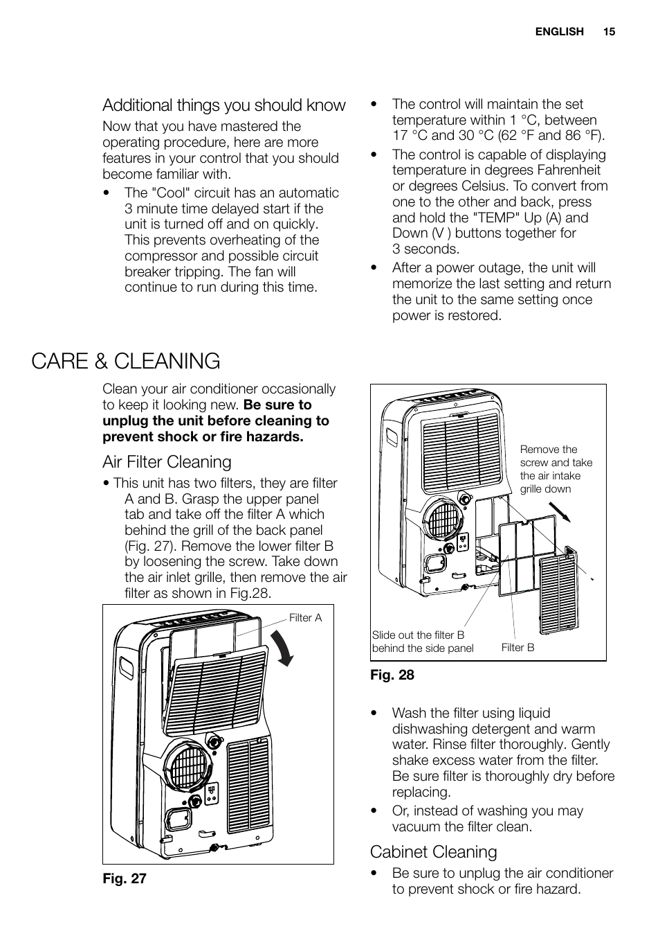 New eu portable manual_en_fr_it_es_pt_15, Additional things you should know, Air filter cleaning | Cabinet cleaning | Electrolux EXP09HN1WI User Manual | Page 15 / 86