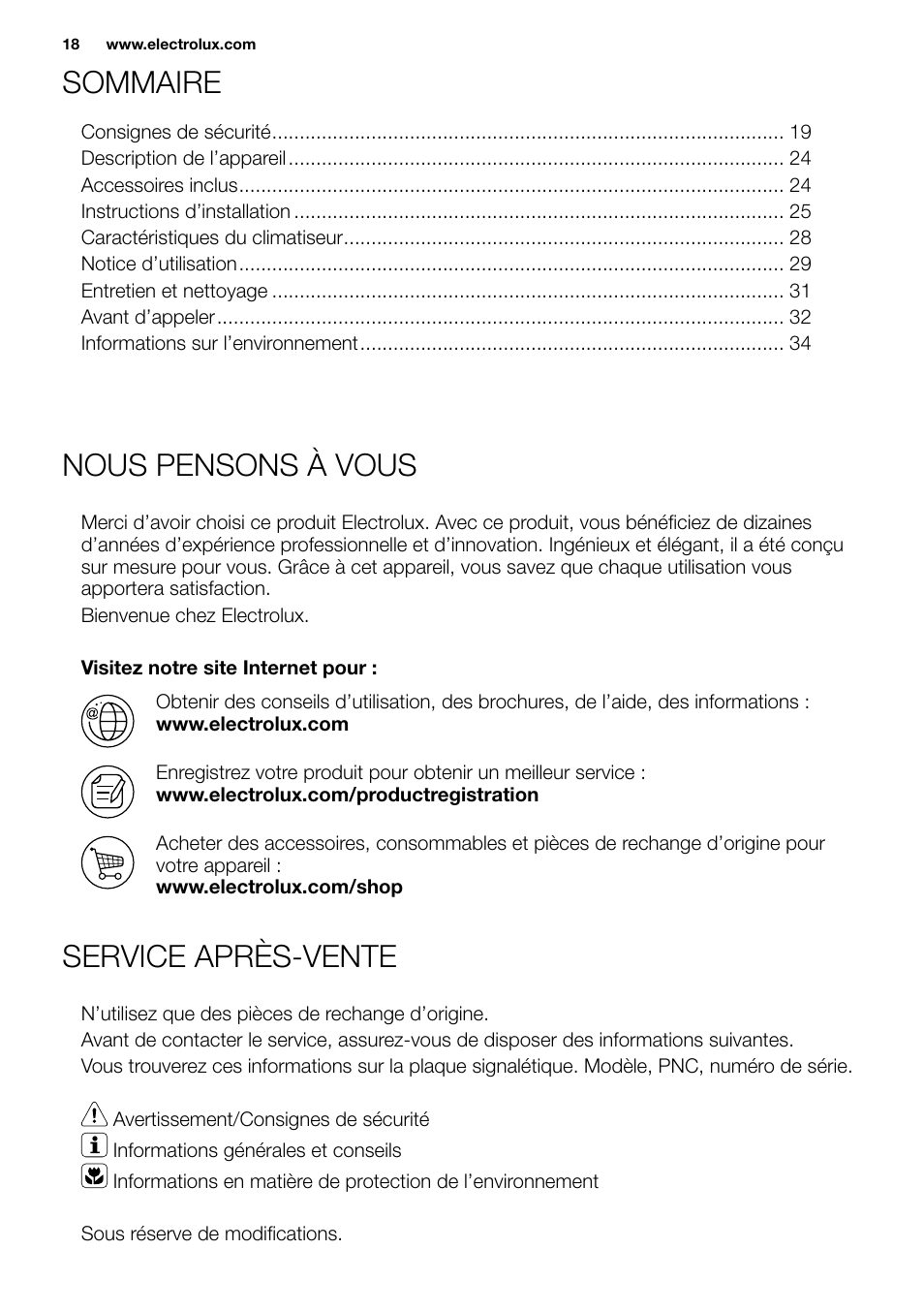 New eu portable manual_en_fr_it_es_pt_18, Sommaire nous pensons à vous, Service après-vente | Electrolux EXP09HN1WI User Manual | Page 18 / 86